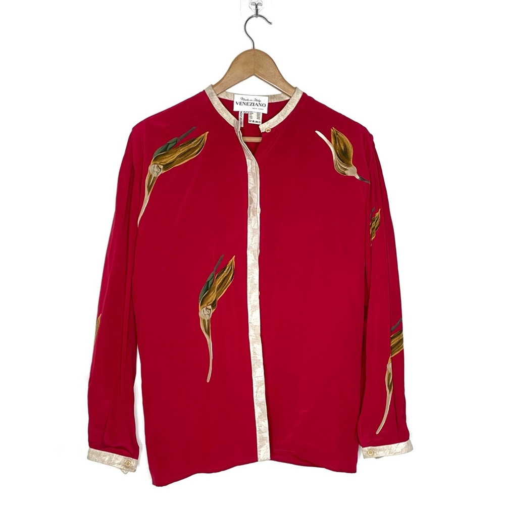 Veneziano Vintage Button Down Blazer Jacket Long Sleeves Red Blouse Silk Size 42